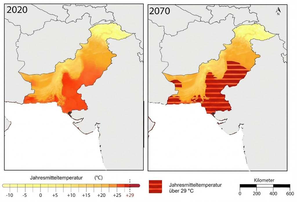 Kartenvergleich Pakistan 2020 und 2070 mit Farbskala der Jahrestemperatur; 2070 zeigt Gebiete über 29 °C